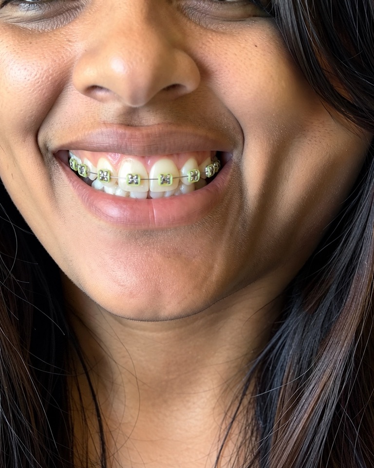 Close-up AI preview of a smile with metal braces and pale translucent yellow-green glow-in-the-dark elastic ties in daylight