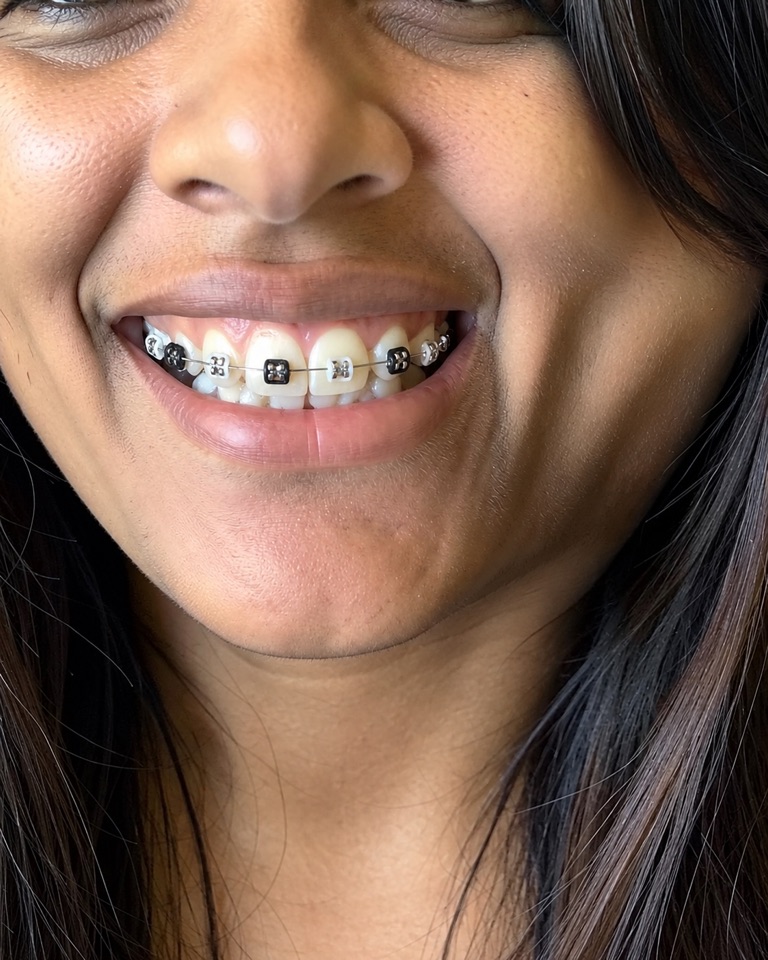 Close-up AI preview of a smile with metal braces and alternating white and black elastic ties
