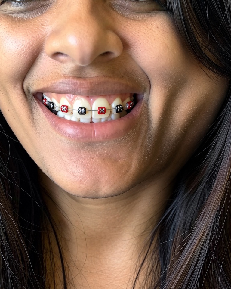 Close-up AI preview of a smile with metal braces and alternating dark red and black elastic ties