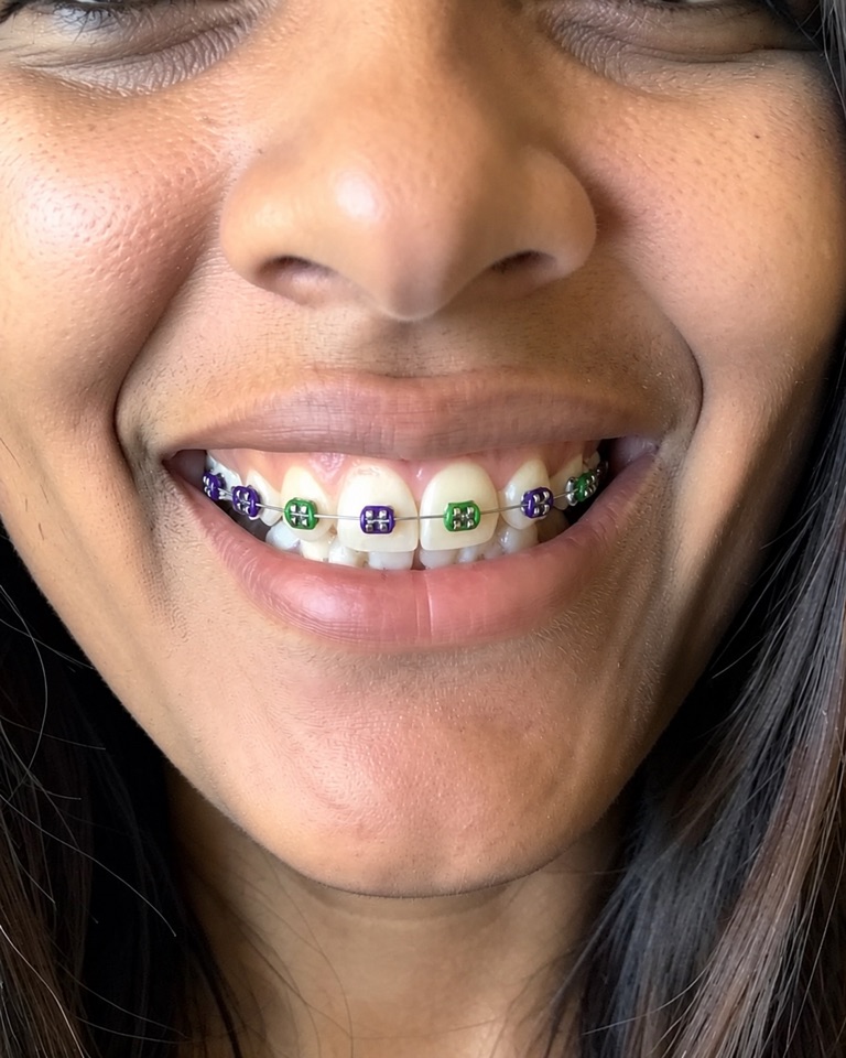 Close-up AI preview of a smile with metal braces and alternating deep purple and green elastic ties